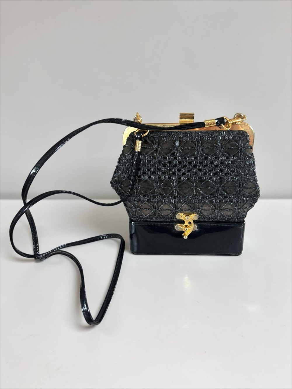 Vintage Jeanne Lottie Black Woven Evening Bag Gold Frame Mirror 90s